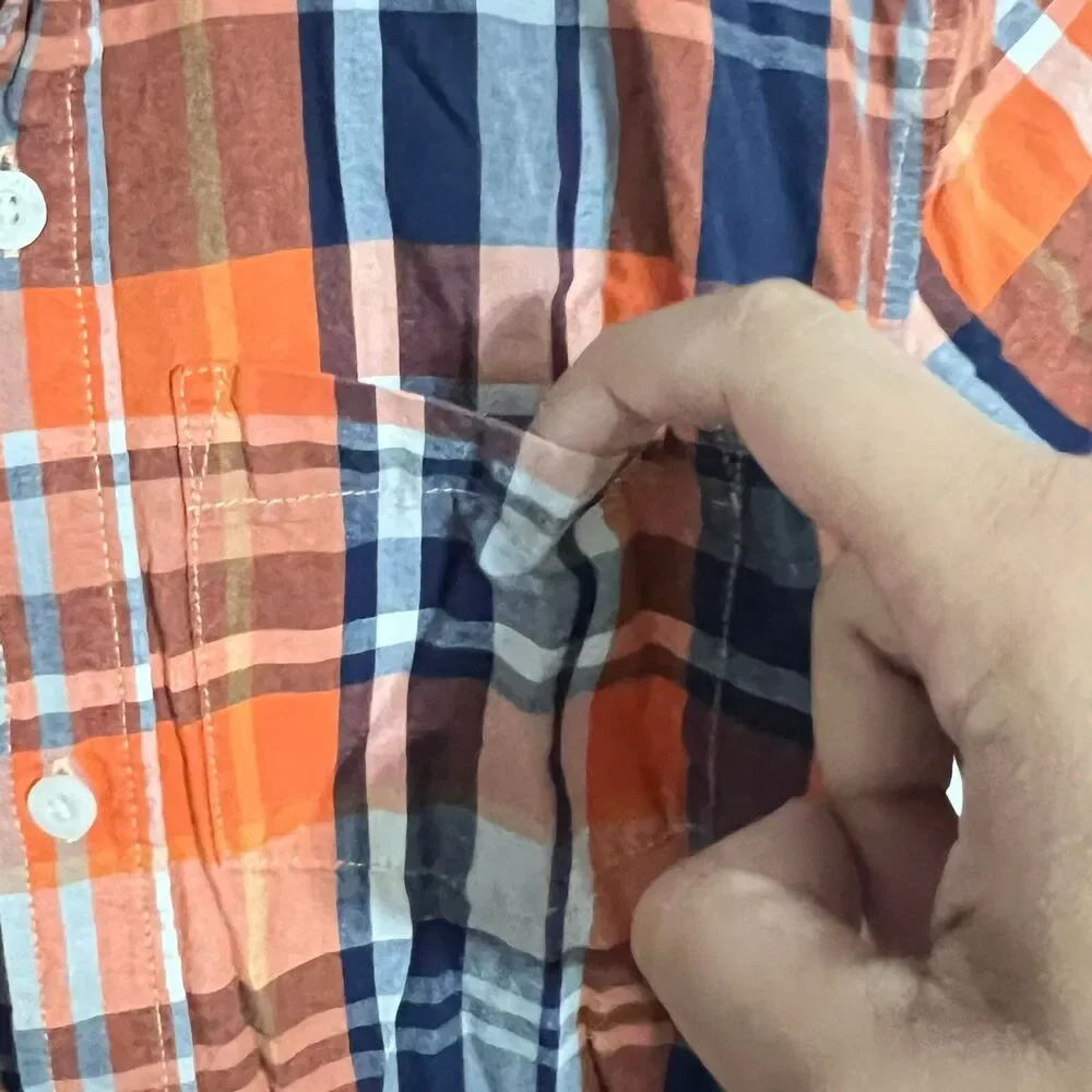 Old Navy Boys Shirt Size L (10/12) Orange Plaid Classic Short Sleeve Button Up